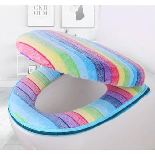 Bathroom Toilet Seat Cover Set Thicken Soft Coral Velvet Rainbow Color Zipper Toilet Case Warm Waterproof WC Potty Cover