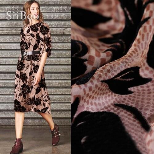 Brown with black floral burnout rayon silk velvet fabric for dress flocking silk tissu tecidos stoffen free shipping SP4829