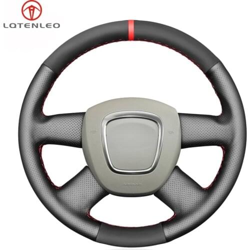 LQTENLEO Black Suede Black Genuine Leather Hand-stitched Car Steering Wheel Cover For Audi A4 (B8) 2004-2012 A6 (C6) 2004-2011