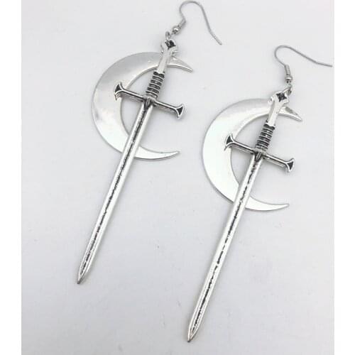 Swords Moon Earrings Witchy Warrior Pagan Viking Alternative Gothic Medieval Silver Color Classic Warrior Gift Women New