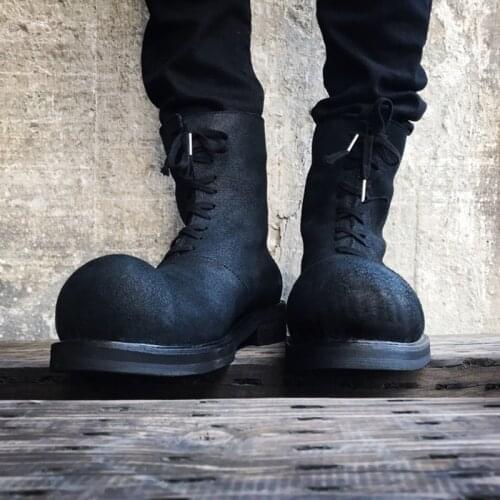 Harajuku Big Round Toe Men Genuine Leather Increase Boots Vintage Personality Lace Up Back Zip Black Male Cowhide Mid Calf Boots