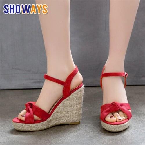 Plus Size Gladiator Women Platform Sandals Flock Red Black High Thick Heel Casual Party Club Lady Summer Ankle Strap Wedge Shoes