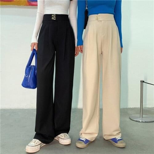 Two Buckle Stylish Suits Pants Women 2021 Summer New High Waist Wide Leg Pants Female Loose Thin Suit Draped Trousers Plus Size