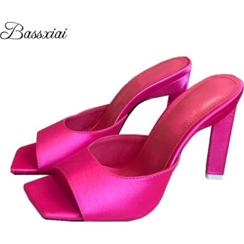 Unique High Heel Square Open Toe Sandals Women Luxury Satin Slingbacks Slip-on Summer Lazyman Mules For Girls