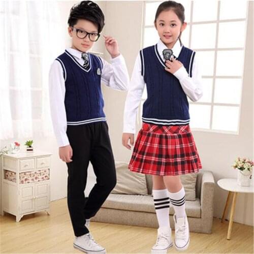 Kid Japanese British Style School Uniforms Boy Girl Navy Cotton Plaid Skirt Student Class Outfit Kindergarten Stage Clothing Set