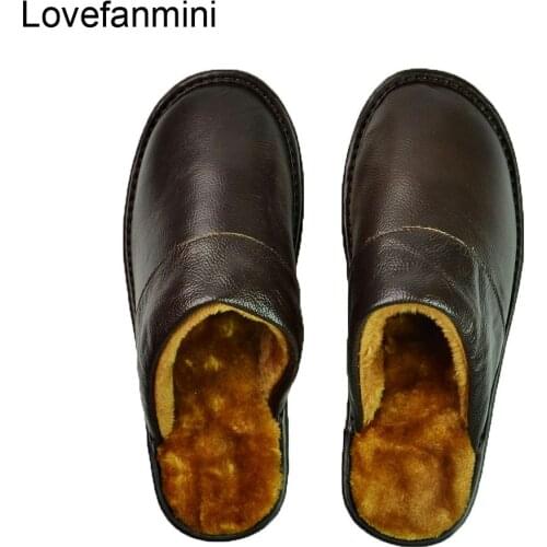 Genuine Cow Leather slippers couple indoor non-slip men women home fashion casual shoes PVC soft soles winter 618
