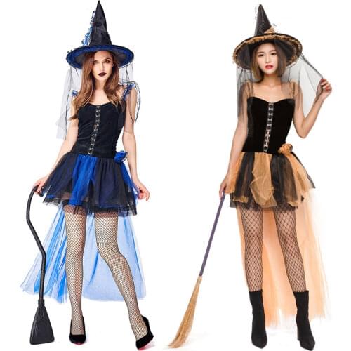 Umorden Halloween Carnival Holiday Party Witch Costume Cosplay Orange Blue Swallowtail Mesh Witch Costumes Dress for Women Adult