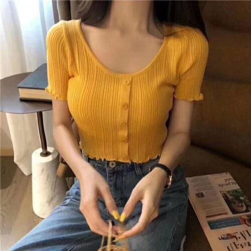Heliar Women V-neck Knitted Summer Thin T-Shirts Ruffles Crop Tees Female Sexy Short Sleeve T-shirts Button Up Tops For Women