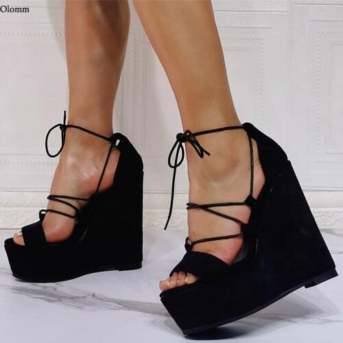 Olomm New Fashion Women Platform Sandals Strappy Wedges Heels Open Toe Elegant Black Party Shoes Women US Plus Size 5-20
