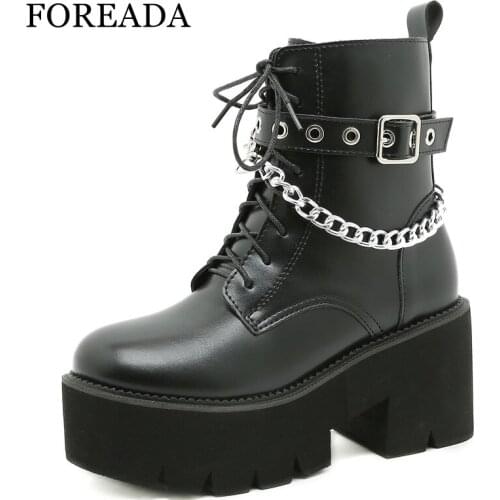 FOREADA Woman Goth Motorcycle Boots Autumn Chain Platform Thick Heel Shoes High Heel Round Toe Zipper Ladies Ankle Boots 35-43
