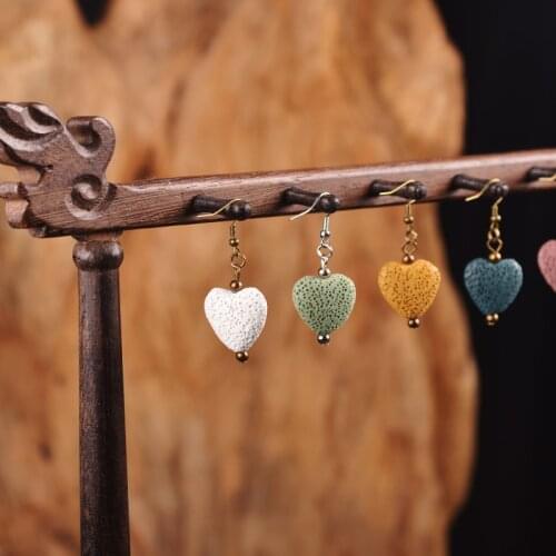 Colorful Lava Trendy Heart Shape Women Drop Earrings Natural Volcanic Stone Bead 8 Colors Healing Earrings Bohemian Jewelry 19mm