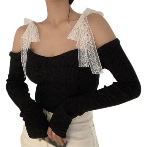 2021 EFINNY Korean Fashion Spring Summer Womens Off Shoulder Lace Slim Tops Strapless Lace Long Sleeve T Shirt Tops