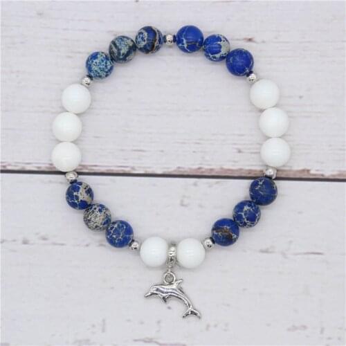 Ocean Style Zinc Alloy Dolphin Pendant Bracelet for Women Blue Natural Stone Beads Charm Bracelets Bracciali Donna MBR180218