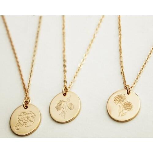 Birth Month Flowers Clipart Floral Discs Stainless Steel Pendant Necklace Deeply Etched Personalized Birthday Gift for Her