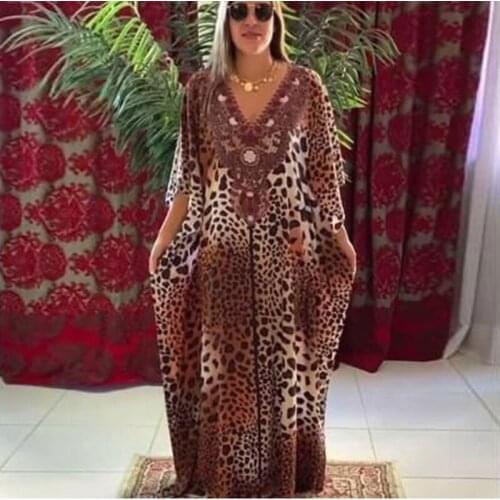 Leopard Printed Robe Kimono Dress Women Beach Sun Shirt Bathing Suit Cover Ups Swim V Neck Bat Sleeve Holiday Summer Swimwear
