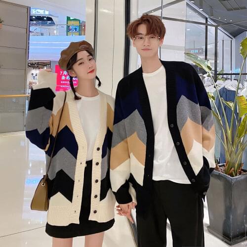 Winter Cardigan Mens Warm Fashion Hit Color Casual V-neck Knitted Sweater Men Streetwear Loose Couple Cardigan Sweater Clothes