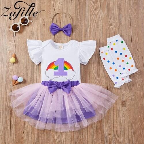 ZAFILLE Baby Girl Clothes Set Newborn Summer Baby Girl First Brithday Outfit 4pcs Rainbow Romper Bodysuit+Mesh Princess Skirts