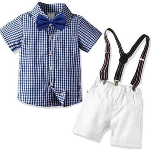J&E Boy Clothing Sets 2020 Summer Toddler Kid Plaid Shirts+Overall Bows 3PCS Outfits Children Clothing Bebes Gentlemen Suit 2-8Y