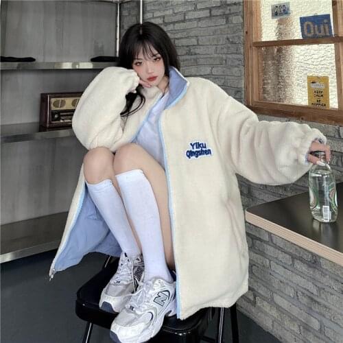 Korean Winter Wear On Both Sides Tooling Coat Harajuku Contrast Letter Jacket Vintage Zipper Lambswool Keep Warm Cotton Clothes