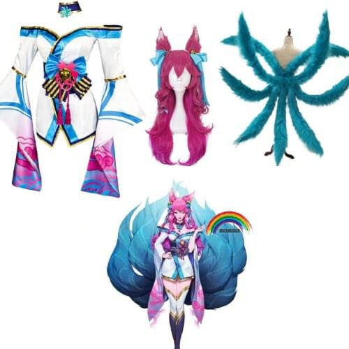 LOL Spirit Blossom Ahri Cosplay Costume Wig with Ears Headwear for Halloween Party The Nine-Tailed Fox Costume Halloween SET