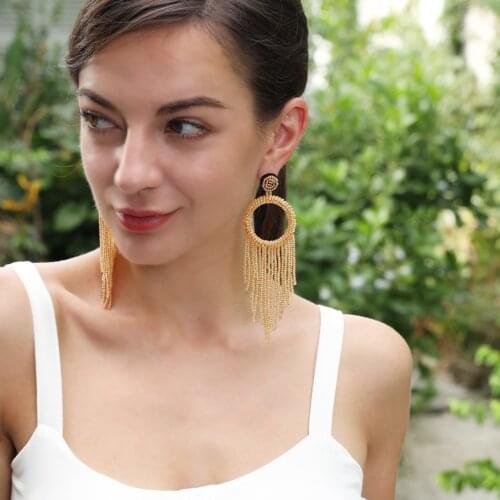 Royalbeier Fashion Women Exaggerated Bohemian Rice Bead Tassel Earrings Large Circle Alloy Earring Woman Handmade Dangel Earring