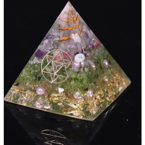 Natural Olivine Orgone Pyramid Energy Yoga Symbol Chakra Balancing Stone Reiki Healing Crystal Resin Lucky Gift