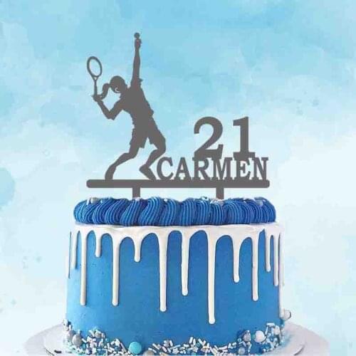 Custom Name Age Woman Playing Tennis Silhouette Cake Topper For Womens Tennis Player Birthday Party Cake Decoration Topper