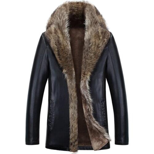 New arrival Leather clothing raccoon fur warm one piece leather male thick outerwear luxury mens plus size XL 2XL 3XL 4XL