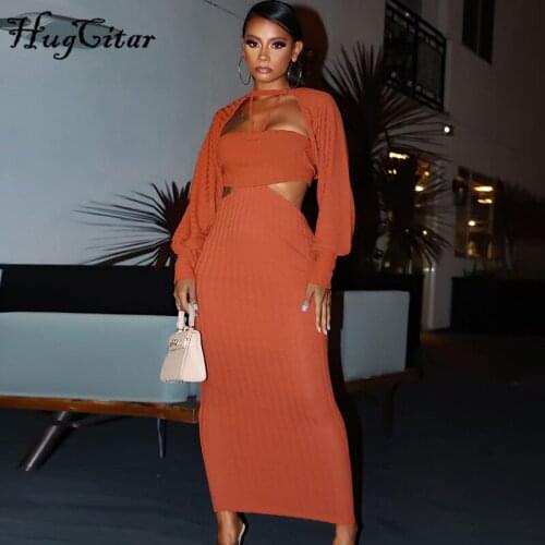 Hugcitar Solid Halter Long Sleeve Crop Top With Tube Maxi Dress 3 Pieces Set 2021 Summer Fall Bodycon Sexy Party Club Outfit