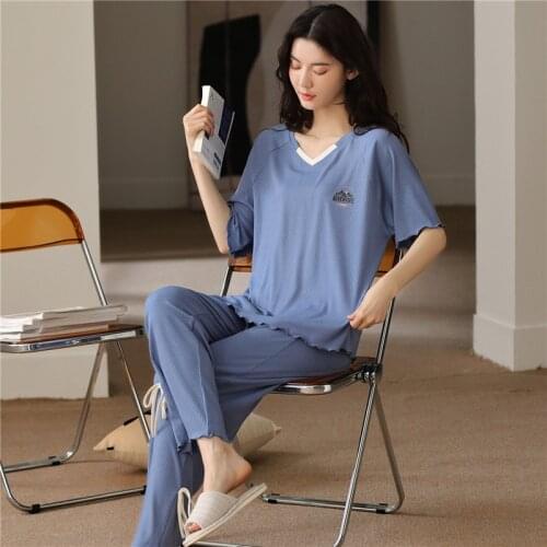 Modal Cotton Pajamas Womens Summer Short Sleeve Trousers Elastic Large Size Nightgown Home Wear Two Piece Suit Sleepwear