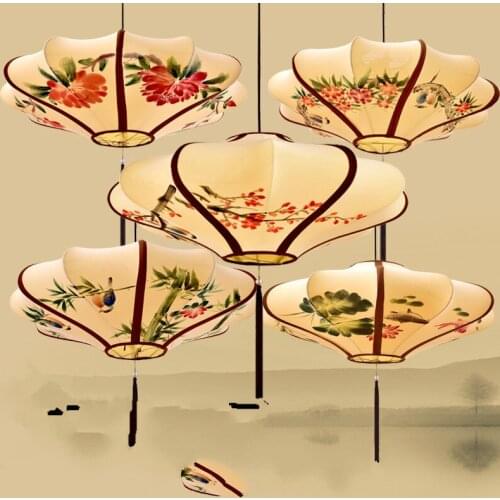 Chinese Style Lantern Hanging Lamp Fabric Hand Painted Flying Saucer Living Room Hanging Decoration Lantern wedding lanterns