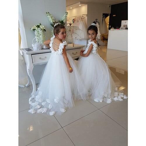 Real Image Lovely Flower Girl Dresses For Wedding V Neck Tulle Floor Length Backless Ball Gown Junior Bridesmaid Dress For Girls