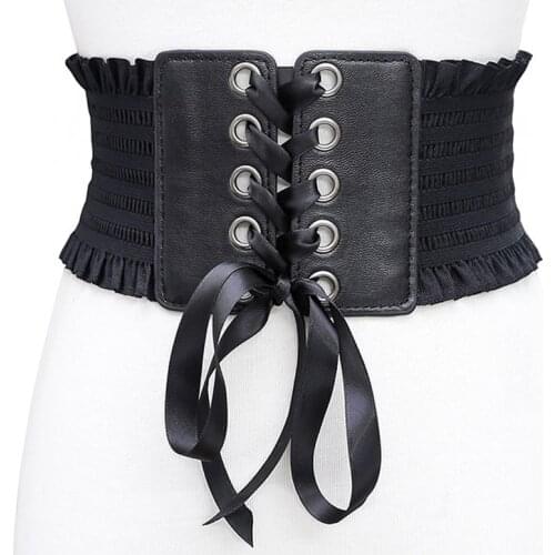 63CM Women Fashion Stretch Belt Tassels Elastic Buckle Wide Dress Corset Waistband Ruffles Lace Up Slimming Adjustable belt Lady