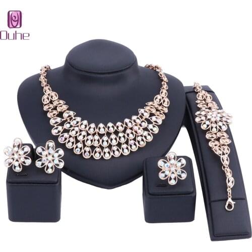 Luxury Women Party Statement Crystal Rhinestones Necklace Earrings Bracelet Ring Bride Wedding Jewelry Set
