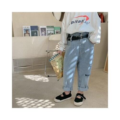 Girls Ripped High Waist Jeans Female Baby 2021 Spring and Autumn New Korean Style Thin Straight-leg Pants Cowboy Trousers Jeans