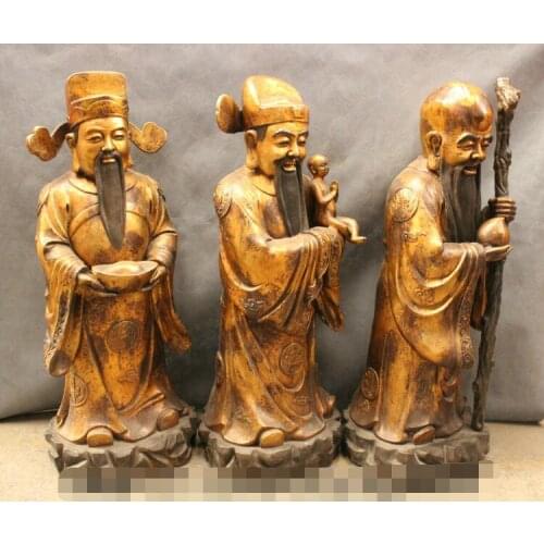S02644 32" Rare Chinese Bronze Wealth YuanBao Kid Longevity Peach FuLuShou 3 God Statue