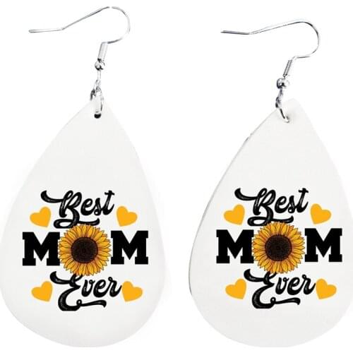 Mom Blessed Earrings With Sunflower Leather Three Layers Glitter Teardrop