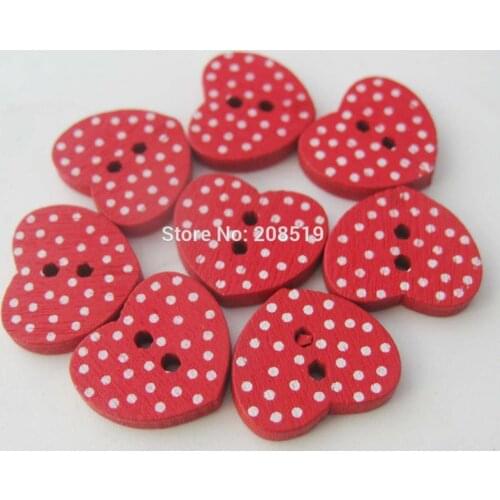 WBNGLL red buttons 120 pieces 13mm*15mm love heart buttons wooden with polka dots printed decorative accessories