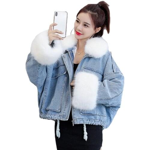 Parker Overcome Loose Autumn Winter Denim Jacket Female Fur Collar Plus Velvet Padded Jacket Pocket Short Cotton Outerwear Woman