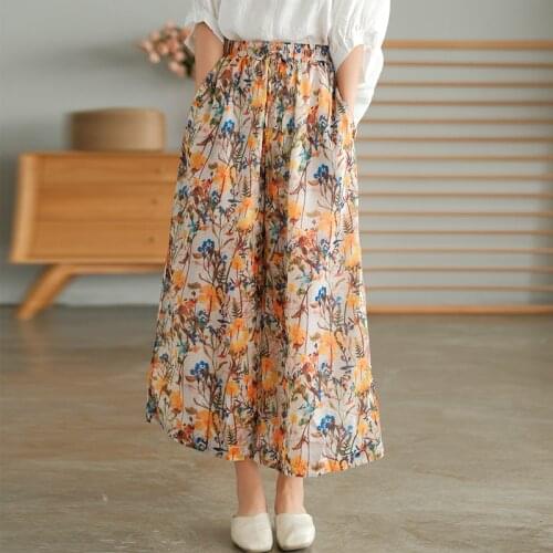 Johnature Women Printed Wide Leg Pants Chiffon Elastic Waist Belt Pocket Casual Loose 2021 Summer New Comfortable Soft Trousers