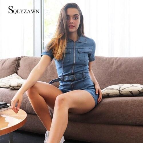 Streetwear High Waist Denim Shorts Jumpsuit Women Sexy Turn Down Collar Short Sleeve Front Zipper Party Jeans Playsuit with Belt