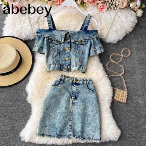 2021 Summer New Ruffles Slash Neck Off Shoulder Sexy Strap Vest + High Waist Mini Short Denim Skirt 2 Piece Sets Womens Outfits
