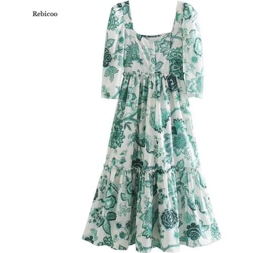 MidI Calf Dresses Womens Square Collar Backless Full Puff Sleeve High Street Floral Print Clothing Spring Summer