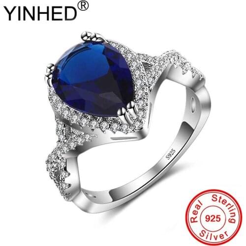 YINHED Water Drop Sapphire Blue Cubic Zirconia Rings for Women 100% 925 Sterling Silver Ring Fine Jewelry Anniversary Gift ZR580