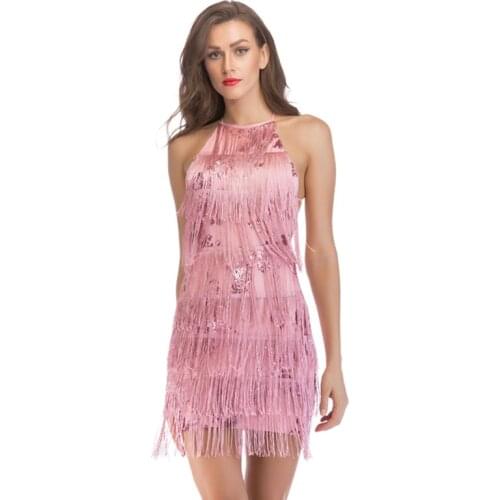 Women 1920s Vintage Great Gatsby Tassel Sequin Dress Sexy Halter Bodycon Party Dress Pink Fringe Dress Vestidos Clothes New