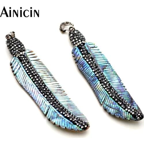 5pcs Natural Abalone Shell Fine Carved Further Pendants Black Rhinestone Crystal Paved Leaves Fashion Women Jewelry