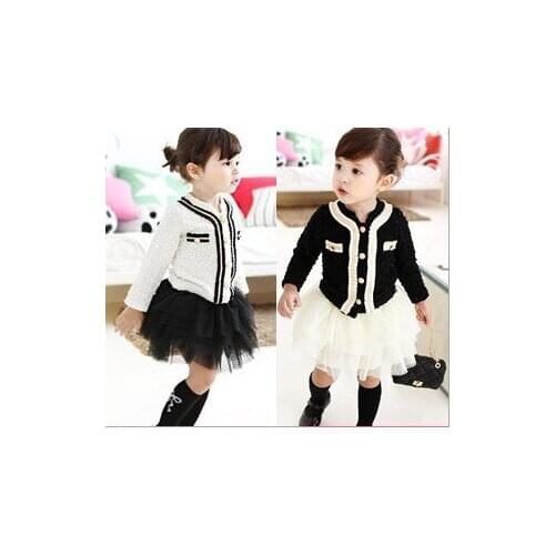 EMS DHL Free White Black Long Sleeve 2pc set Cardigan tutu tiers skirt Children Clothing 2-7 Years 2019 Spring School suit