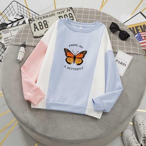 Color Block Hoodie Pastel Butterfly Top Long Sleeve Letter Printing Sweatshirt Women Hoodies for Women Pullover Graphic Fashion