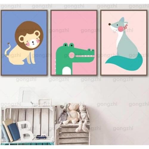 Cartoon Animals Canvas Painting Lion Crocodile Wolf Nursery Child Room Kindergarten Wall Decoration Printing Modern Art Poster