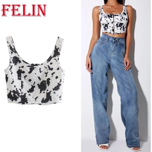 FELIN Za 2021 Women New Summer Cow Flower Dot Tops Sleeveless Fashion Cow Print Sexy Vest Shirts Girls Casual Chic Mujer Blouse